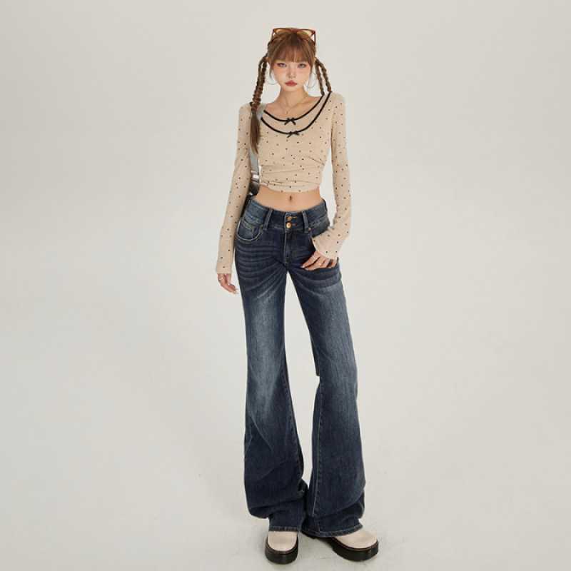American Retro Low-Waist Double-Button Bell Bottom Jeans - Slimming Elastic Denim Pants for Women M