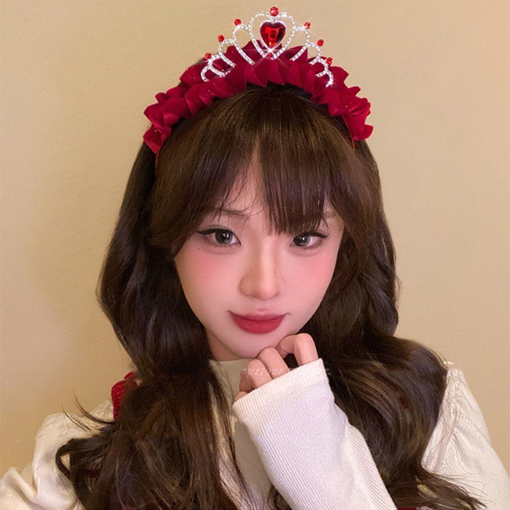 Rhinestone Princess Crown Hair Hoop New Year Red Head Wear Sweet New Year Headband  Children