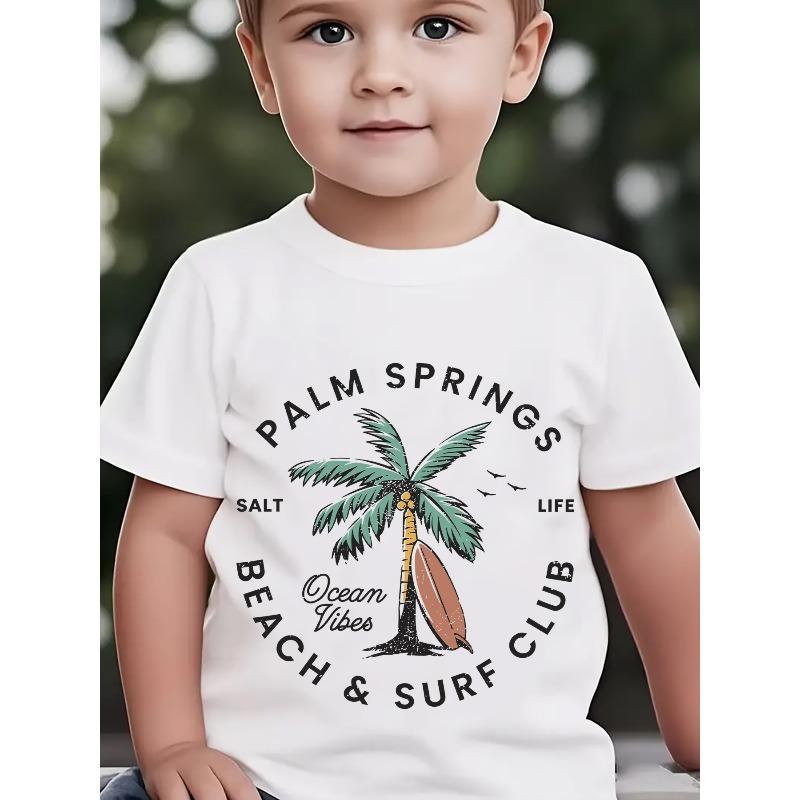 European sizes Summer Boys Fashion Short Sleeve T-Shirt PALM SPRINGS BEACH & SURF CLUB Ocean Vibes Palm Tree And Surfboard Cartoon Pattern Print 110 белый