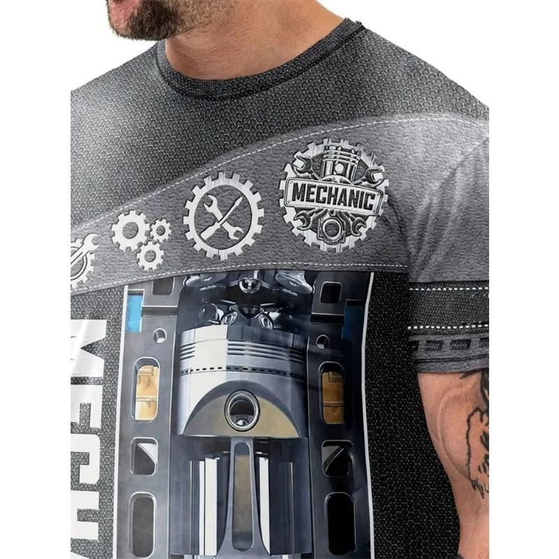 Summer Round Neck Mechanic T-shirts 3D Print Mechanic Engine Graphic Top Fashionable Casual Short Sleeved  Men's T-shirts