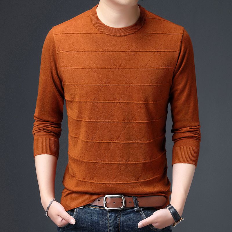 Men's Sweater Knitted Sweater Solid Color Striped Jacquard Round Neck Long Sleeved Base Top