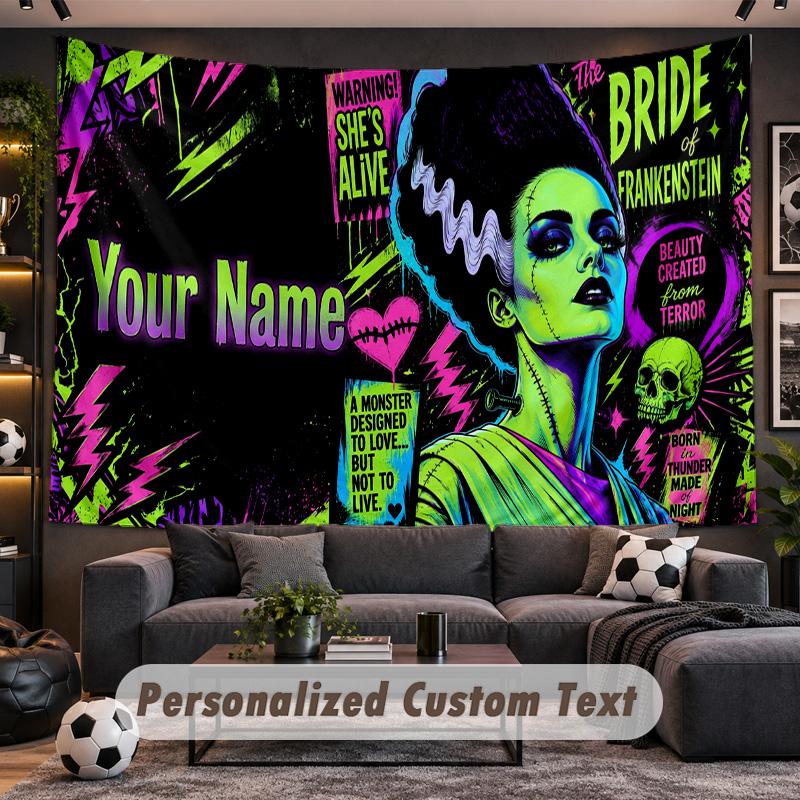 Bride of Frankenstein Personalized Tapestry Support Custom Name, Wall Art Home Decoration