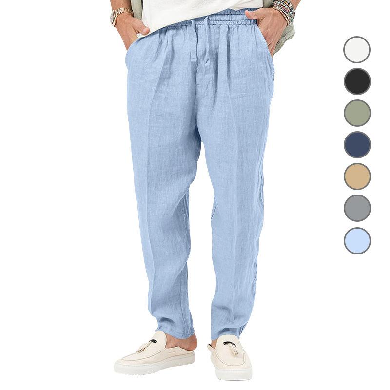 New Thin Section of Men's Fashion Large Size Solid Colour Leisure Drawstring Cotton Linen Trousers Breathable Trousers