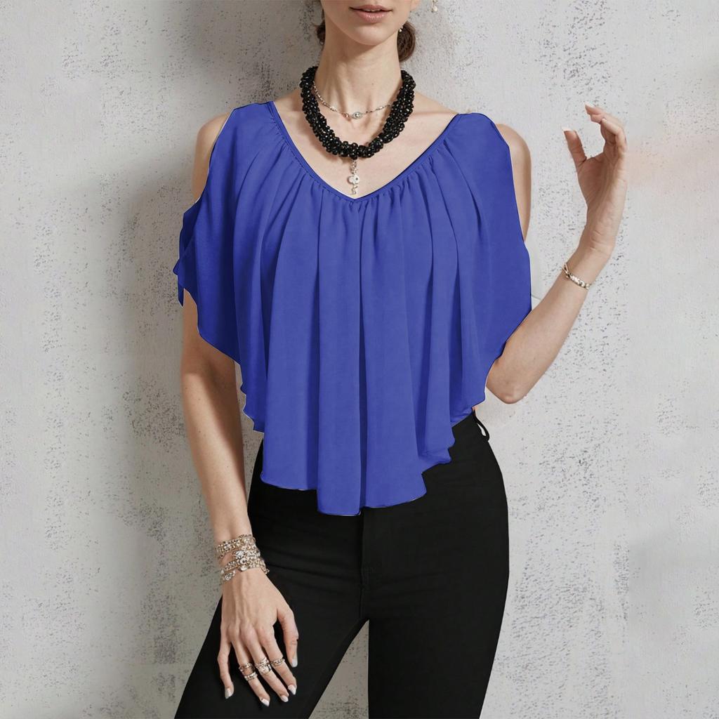 Women's Casual V-neck Off-shoulder Solid Color T-shirt