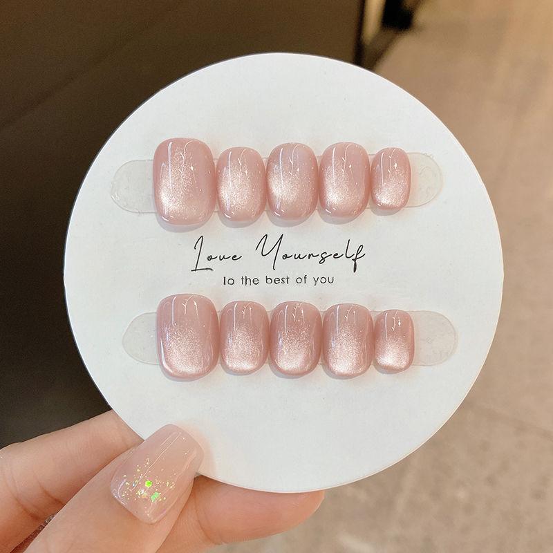 10Pcs Handmade White Cat Eye Short Ballerina Press On Nails Full Cover False Nail Tips Art Decoration