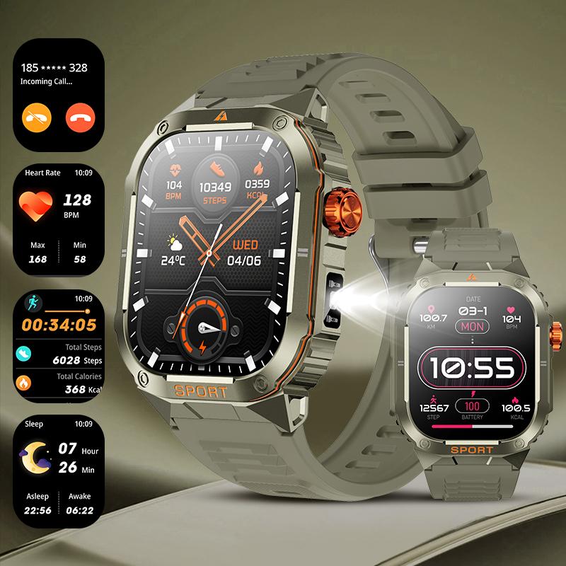 Military Flashlight Smart Watch Waterproof Heart Rate Fitness Sports Call Reminder Smartwatch For IOS Android Phone