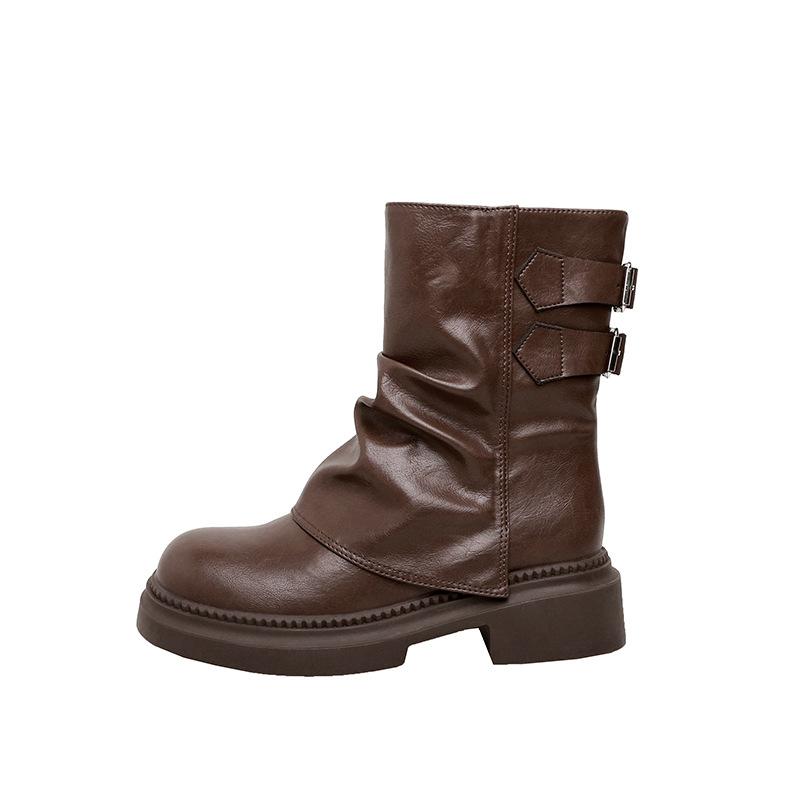 New spot retro British style thick heel belt buckle Martin boots round head inner versatile pile British style fried street