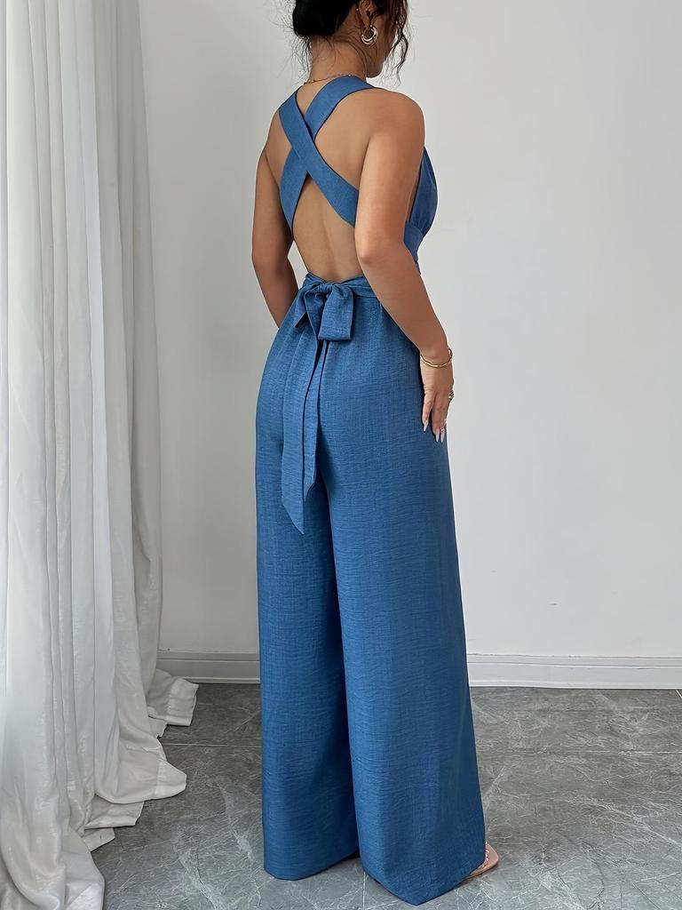 European Women's 2025 V-Neck Backless Cross-Waist Wide-Leg Jumpsuit
