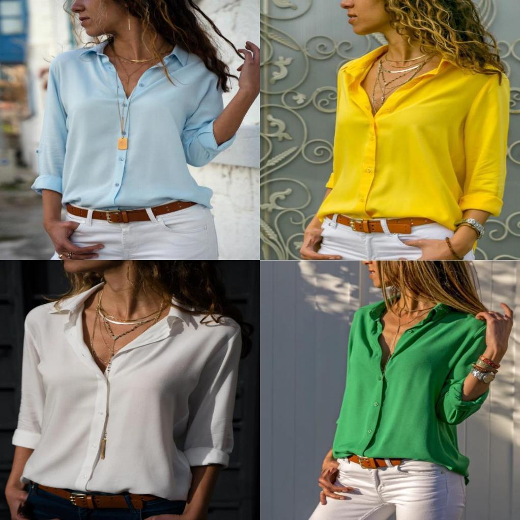 Womens Long Sleeve V Neck Button Chiffon Blouse With Cotton Polyester For Office Casual Wear