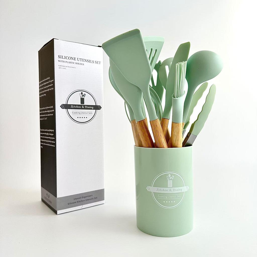 12-Piece Eco-Friendly Kitchen Utensil Set Wooden Handles Silicone Cooking Shovel Spoon Food Safe Microwave Kitchen Gadget Tools