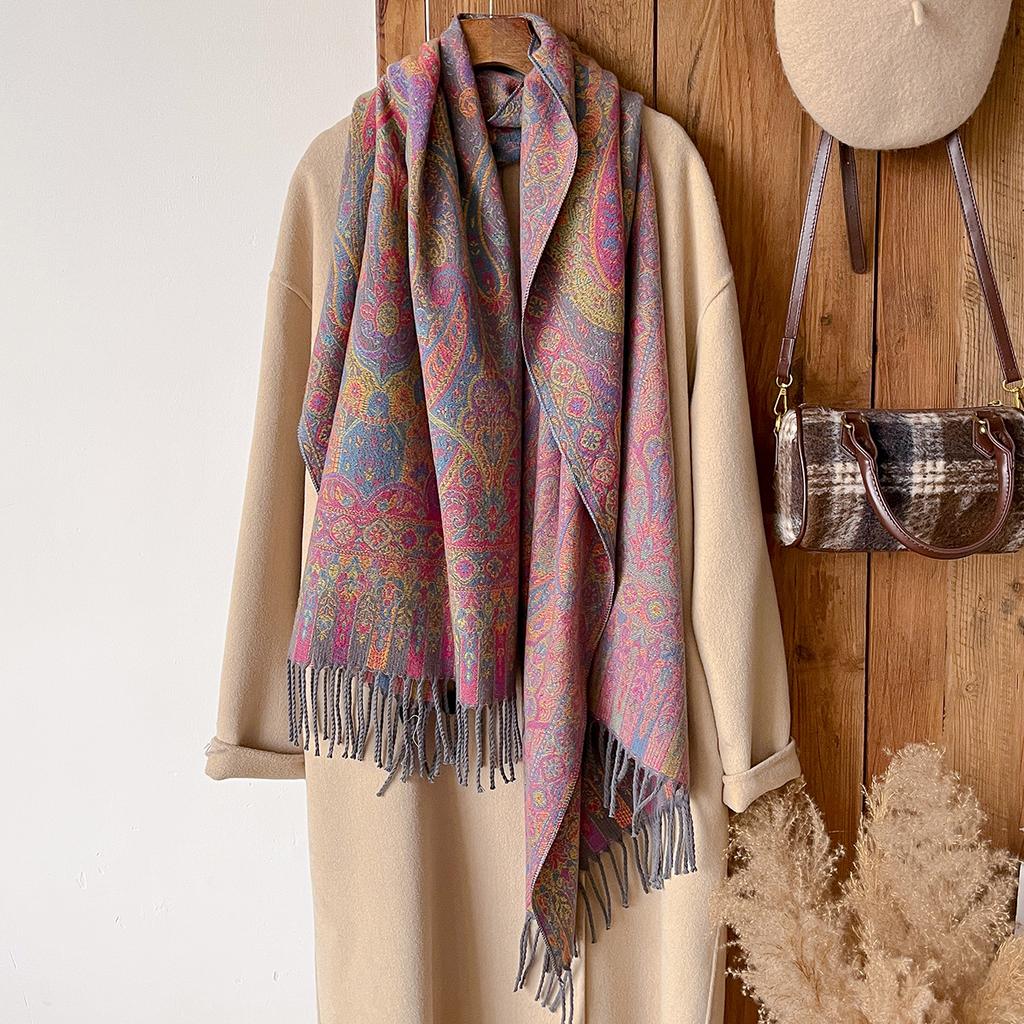 Fashion Winter Warm Cashmere Shawl - Women'S Vintage Floral Printed Tasseled Oil Painting Pashmina Thick Scarf & Echarpe