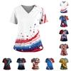 Women's Independence Day Print V-Neck Double Pocket Short Sleeve Uniform with Slit Hem - Caregiver Top
