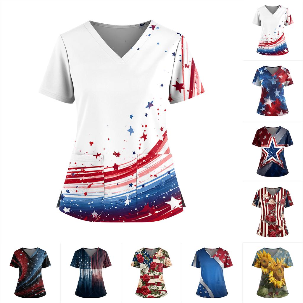 Women's Independence Day Print V-Neck Double Pocket Short Sleeve Uniform with Slit Hem - Caregiver Top
