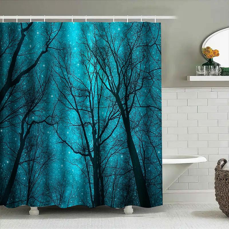 Blå Skog Duschdraperi Skogsnatur Träd Naturskön Bakgrund Turkos Badrumsinredning Vintage Rustik Heminredning Tvättbar Vattentät