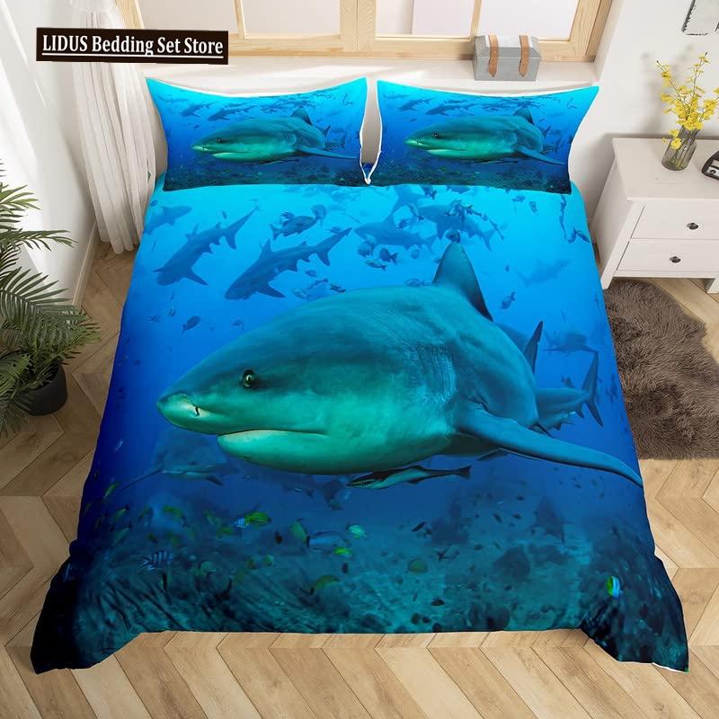Fisch Bettbezug Set Ozean Bettwäsche Sets 3D Gedruckte Unterwasserwelt Mit Hai Delfin Korallenriff Muster Bettdeckenbezug Set 2/3tlg