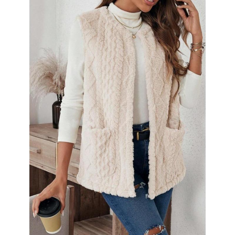 Women Casual Open Front Double Sided Fleece Pocket Mid Length Sleeveless Vest