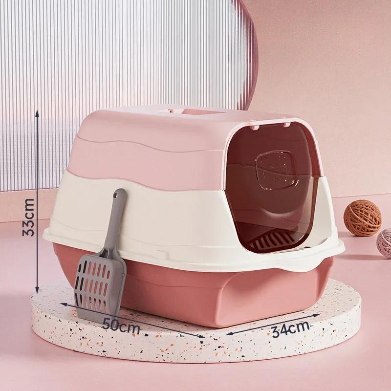 Fully Enclosed Cat Litter Box Large Capacity Cat Bedpans Anti-Spill & Sand-Leakage Pet Toilet Plastic Cat Sandbox Sanitary Tray