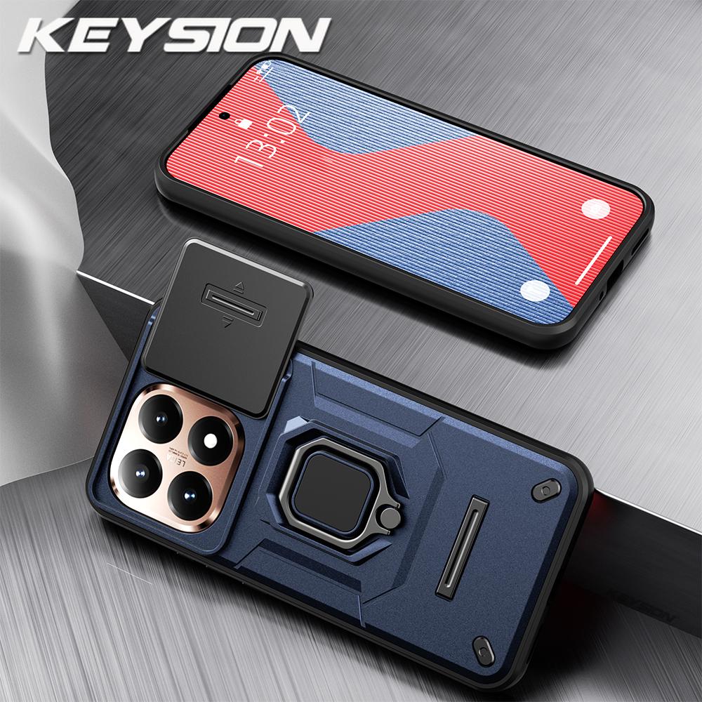 KEYSION Shockproof Armor Case for Xiaomi 15T Pro 5G Slide Camera Protection Metal Ring Stand Phone Back Cover for Xiaomi 15T 5G