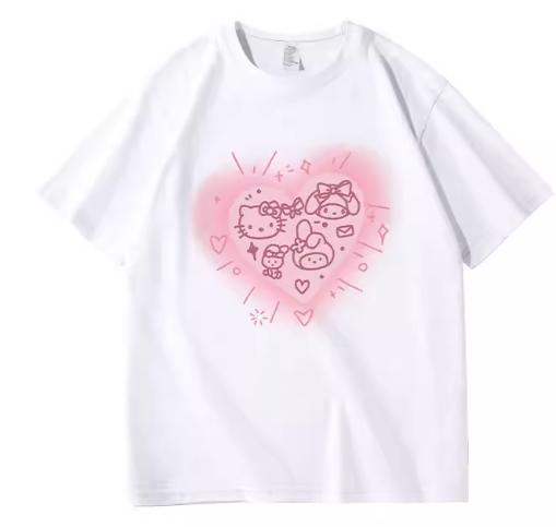 

Лето 2026 100% Хлопок Sanrio Hello Kitty С принтом Повседневная Свободная Футболка Родитель-ребенок Винтаж Харадзюку Топ 52TOYS Коллаборация S