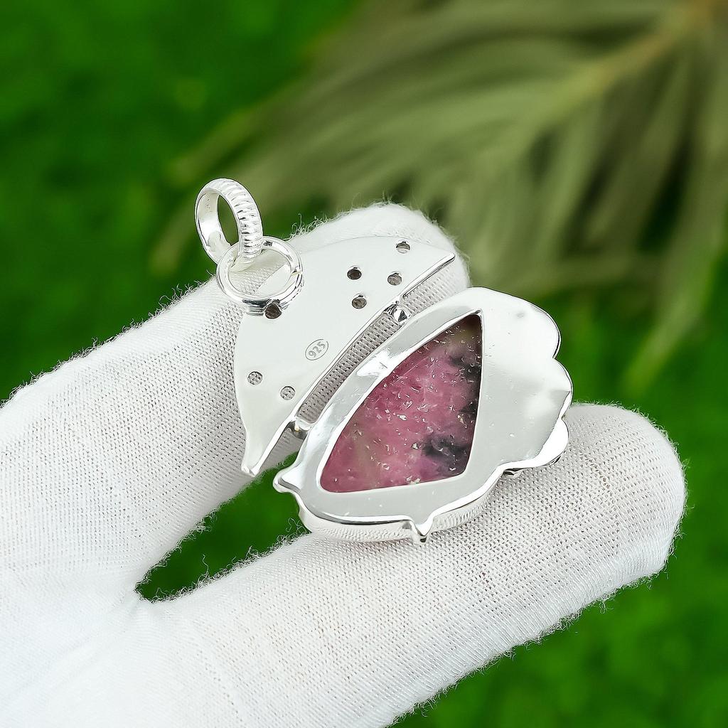 Natural Rhodonite Gemstone Pendant Pink 925 Sterling Silver Indian Jewelry
