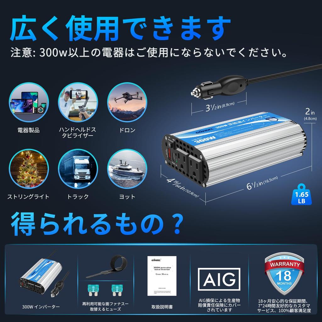 GIANDEL 300W Sine Wave Car Converter Power Converts DC12V to PD30W Charging Cigarette Lighter Emergency Disaster Preparedness Supplies Inverter,