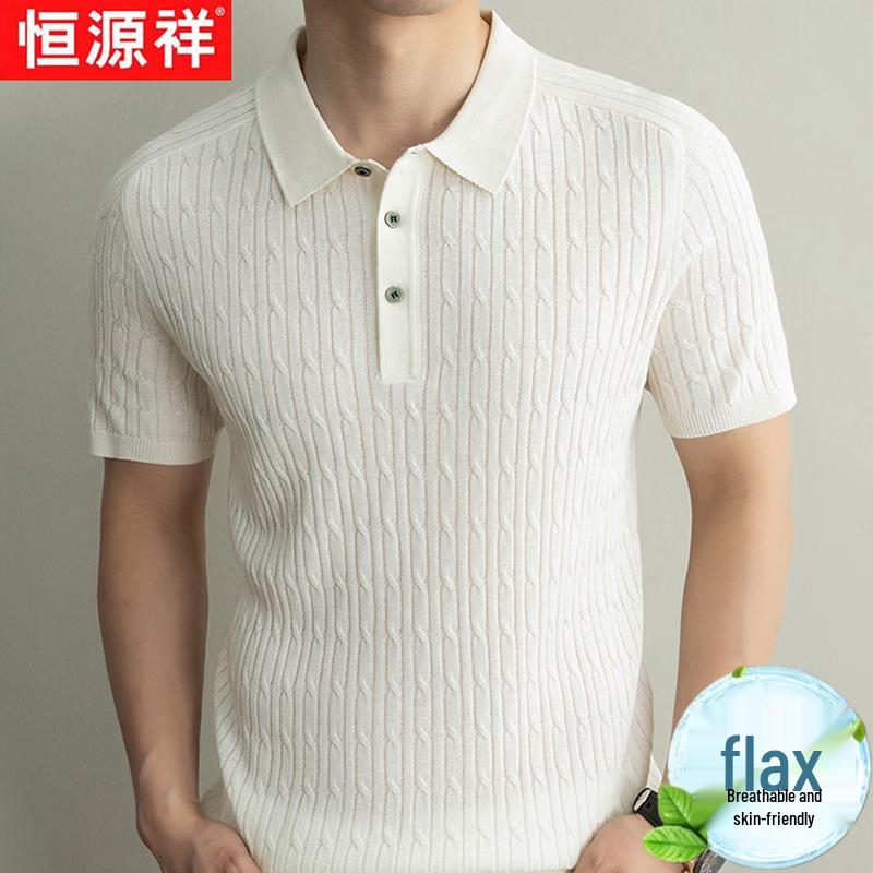 Hengyuanxiang Men s Ice Silk Linen Blend Polo Shirt 175/XL