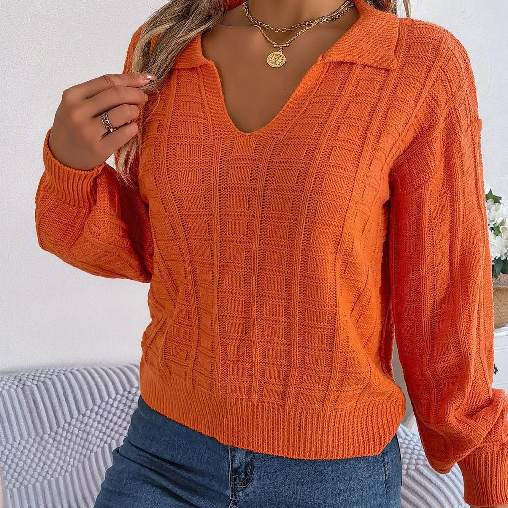 GMXIA Women's Fashion Casual Solid Color Autumn Winter Long Sleeve Lapel Loose Plaid Knit Pullover