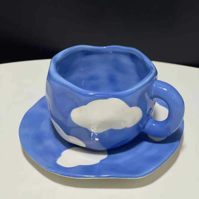 300ml Nordic Ceramic Mug Handmade Coffee Cups with Irregular Saucer Afternoon Tea Cup Set Couple Hand Painted Mugs 300ml темно-синий
