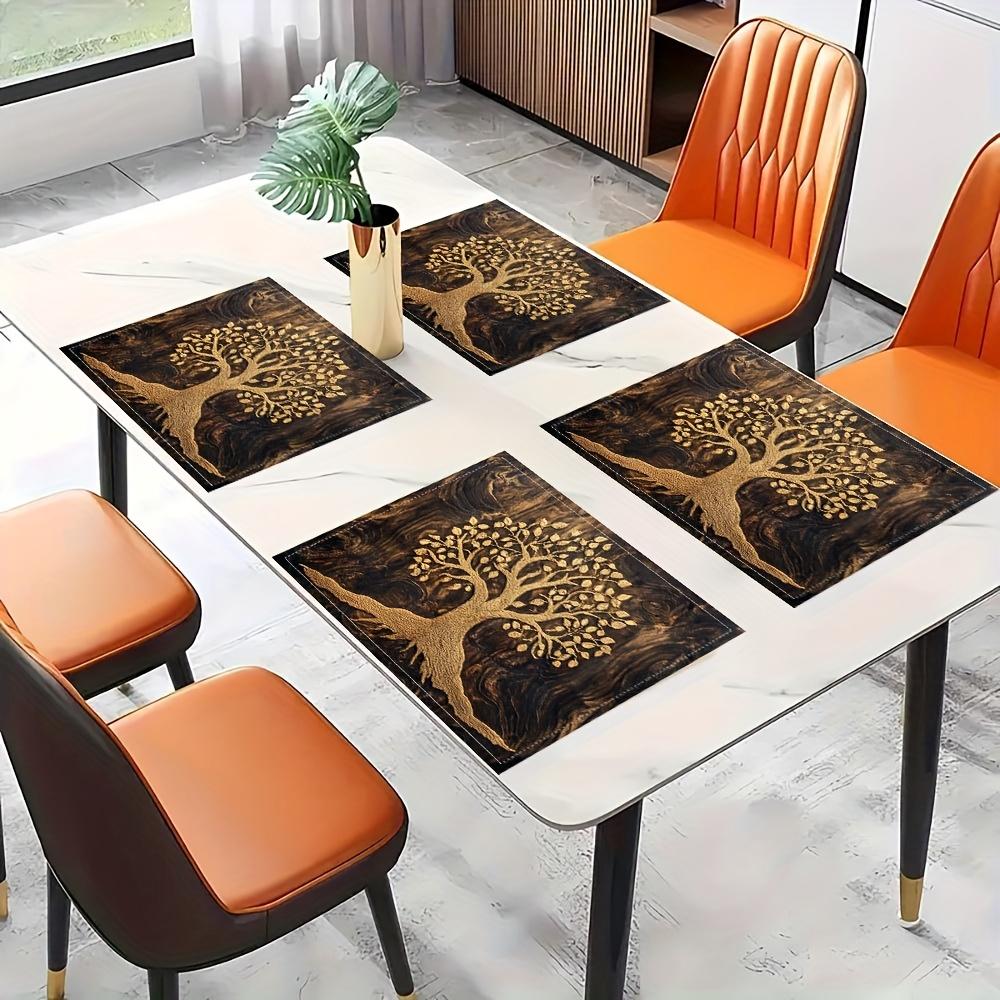 4pcs Artistic Linen Placemats 12x18 Inches - Elegant Golden Tree Design, Ideal for Kitchen & Dining Room Decor, Home Gatherings, and Party Settings,