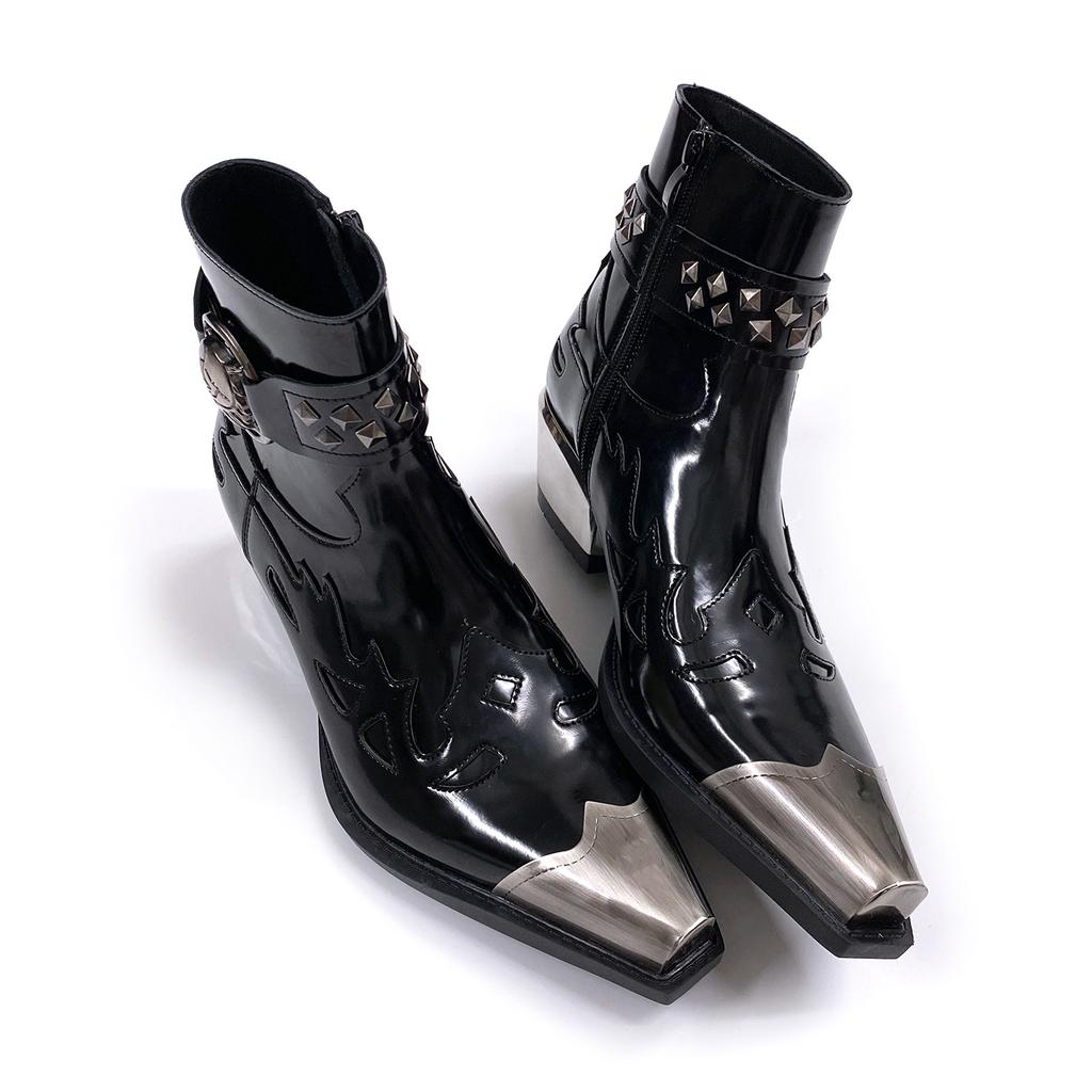 Stivali Western in Metallo Nero Uomo Retro Tacco Spesso Rivettati Punk Stivaletti Corti Stivaletti Chelsea Appuntiti alla Moda Uomo Pelle Donna