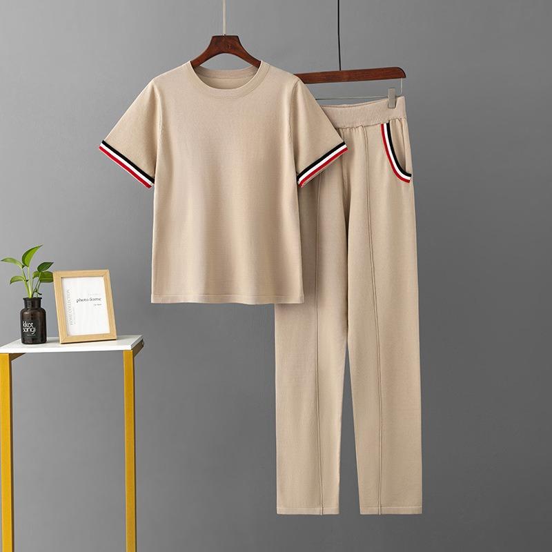 Knitted Fashion Sports Summer Suit Women's New Ice Silk Crew Neck Solid Color Two-piece Set