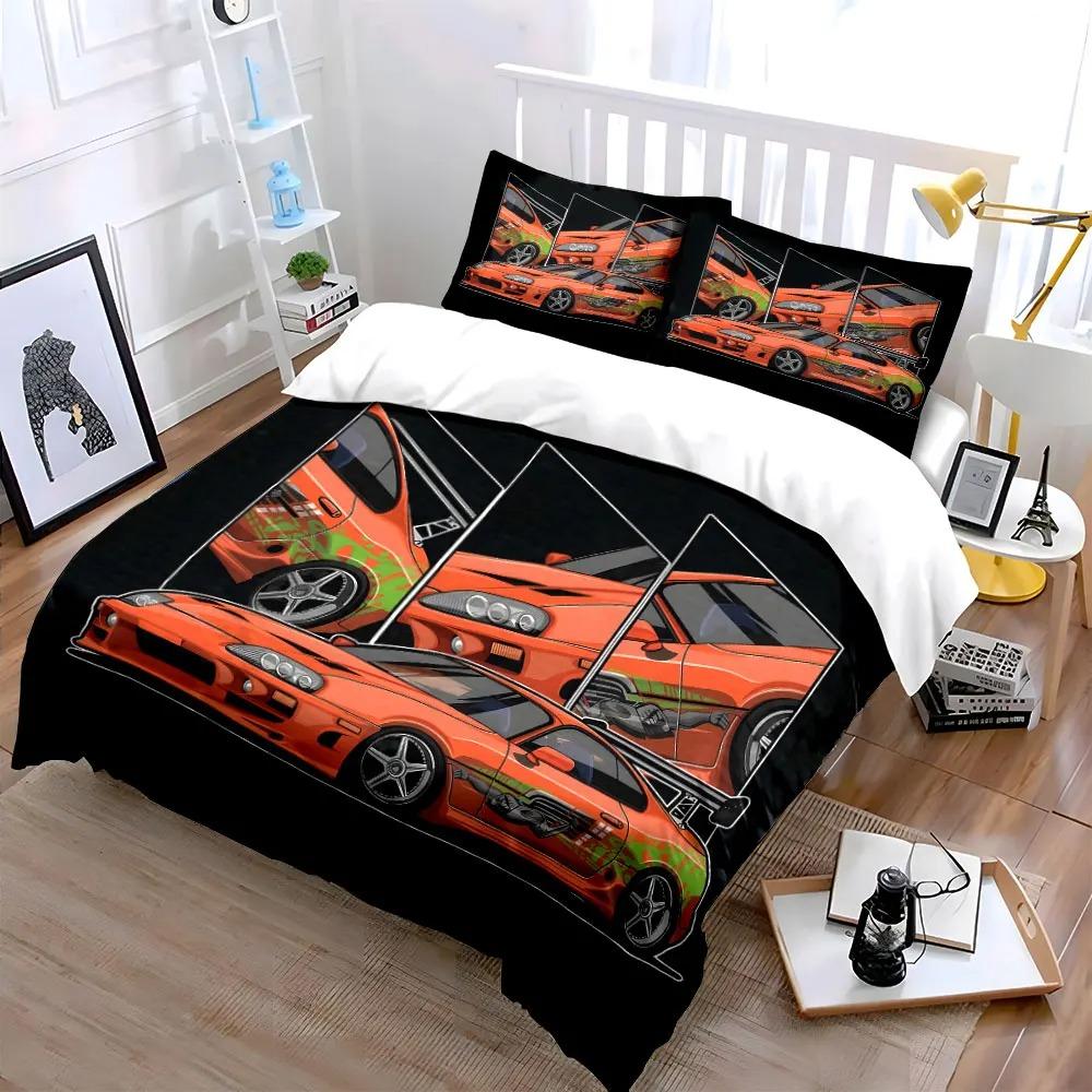 Orange Modified Sports Car Pattern Duvet Cover Pillowcase Bedding Set Kids Boy Girl Bedroom Decoration Single Double Queen Size