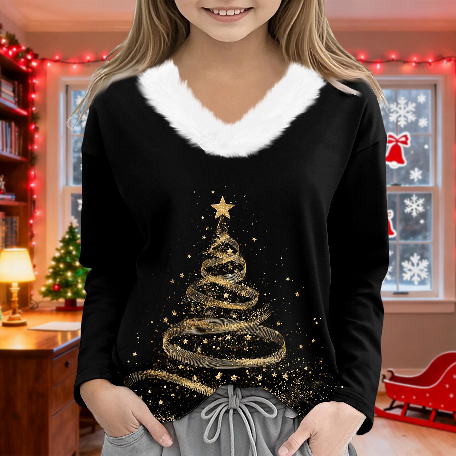 

Рождественские футболки с длинным рукавом для девочек, детская футболка с V-образным вырезом, рождественский принт, топ с длинным рукавом 140 чёрный