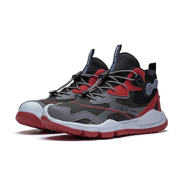 Li Ning Shock Absorption Rebound Mid-Top Outdoor Functional Shoes Kids Shoes Black Gray YKES010-3