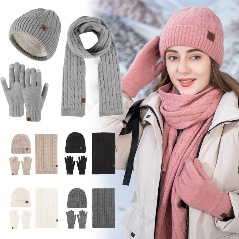 Womens Ladies Thick Knit Hat Scarf AND Touchscreen Gloves Set Knitted Winter