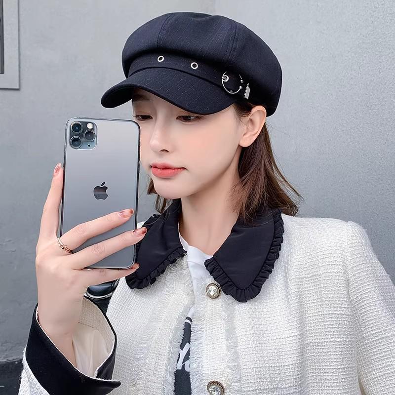 Damen-Barett im koreanischen Stil: Trendiger Retro Schwarzer Maler- und Schiebermützenhut für Herbst/Winter