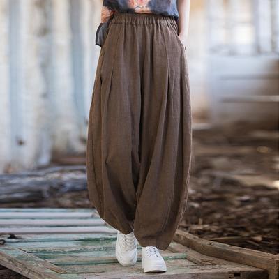 Women Vintage Ramie Bloomers Pants Elastic Waist Solid Color Loose Spring Patchwork Women Long Pants