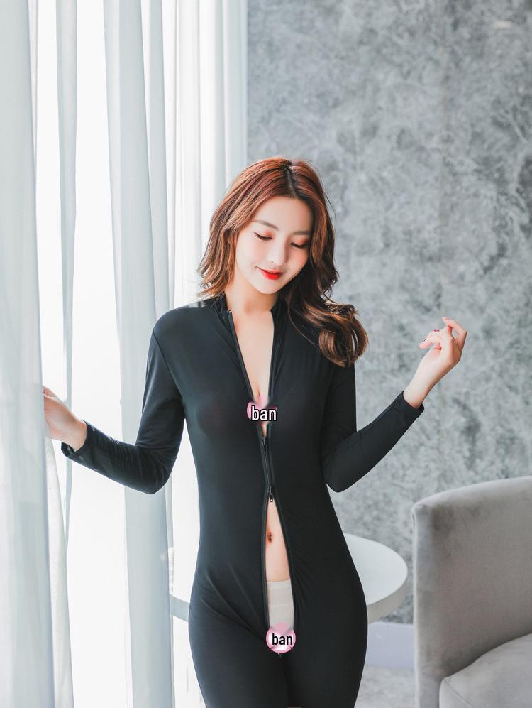 Temptation Oily Sheen Crotchless Bodysuit - High Elastic, Revealing Ice Silk Nylon