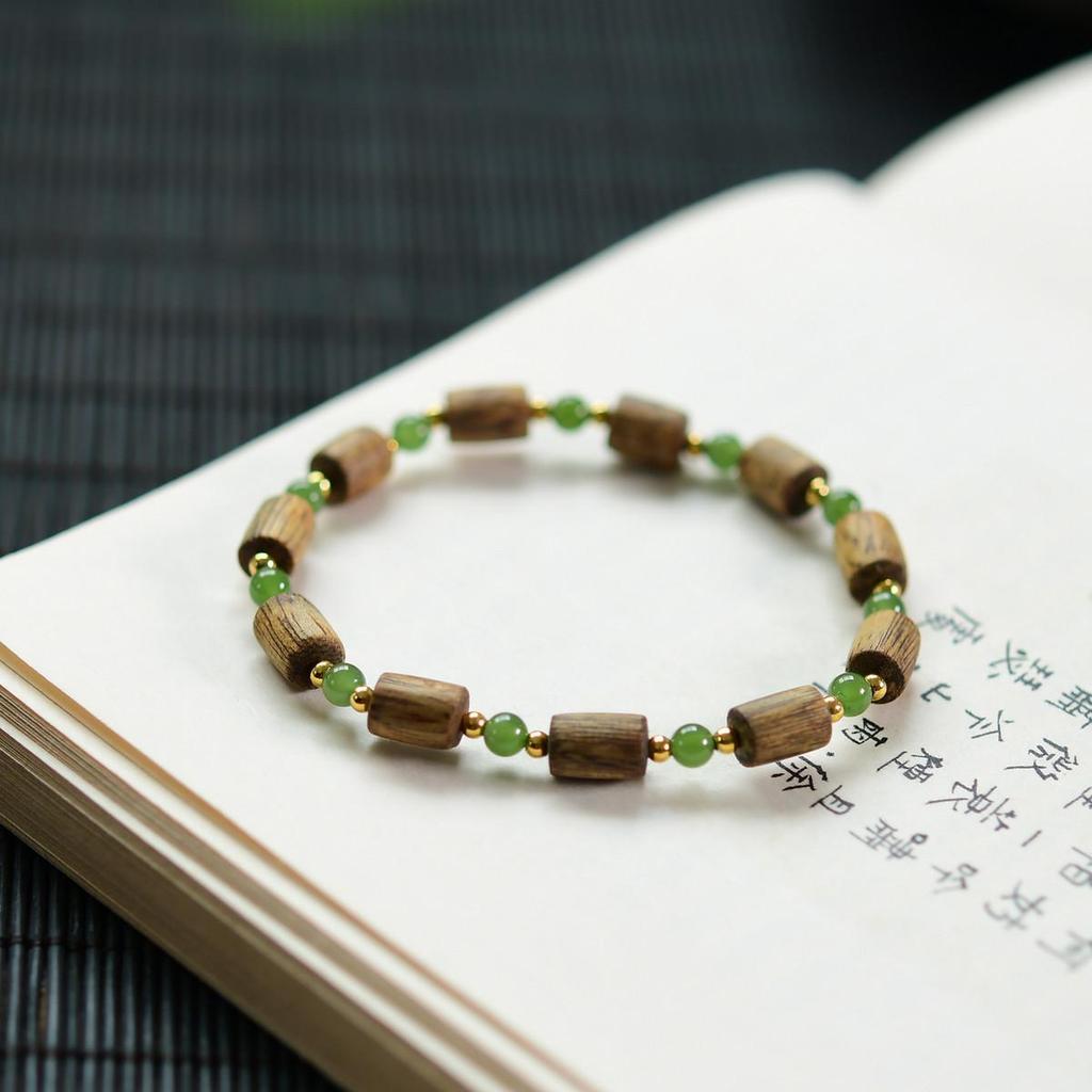 Natural Agarwood & Hetian Jade Bracelet with 925 Silver Beads (No Oiling)