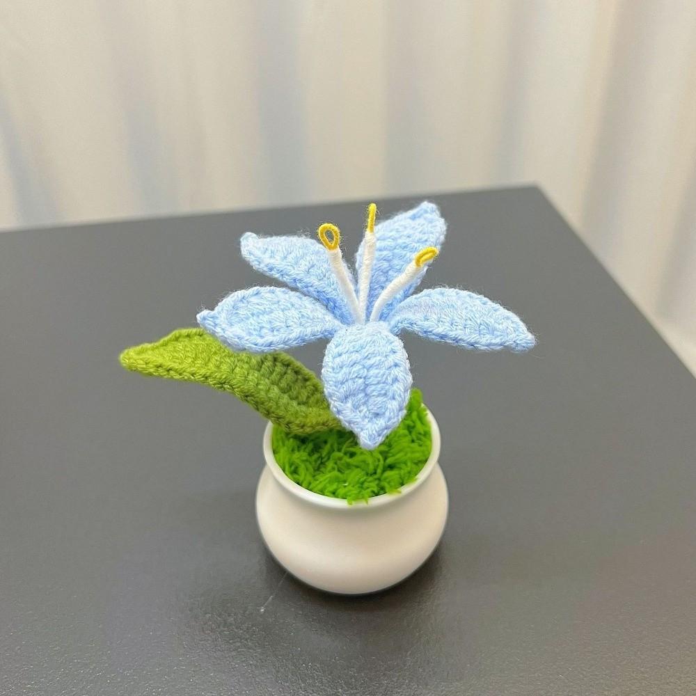 Creative Artificial Knitted Lily Flower Crochet Potted Plants Mini Handmade Crochet Flowers with Pot Hand Woven Plant Home Decor