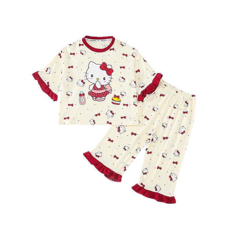 Girls' Summer Modal Pajamas - Cartoon Princess Style, Three-Quarter Sleeves. Perfect Air Conditioning Home Wear for Kids.
