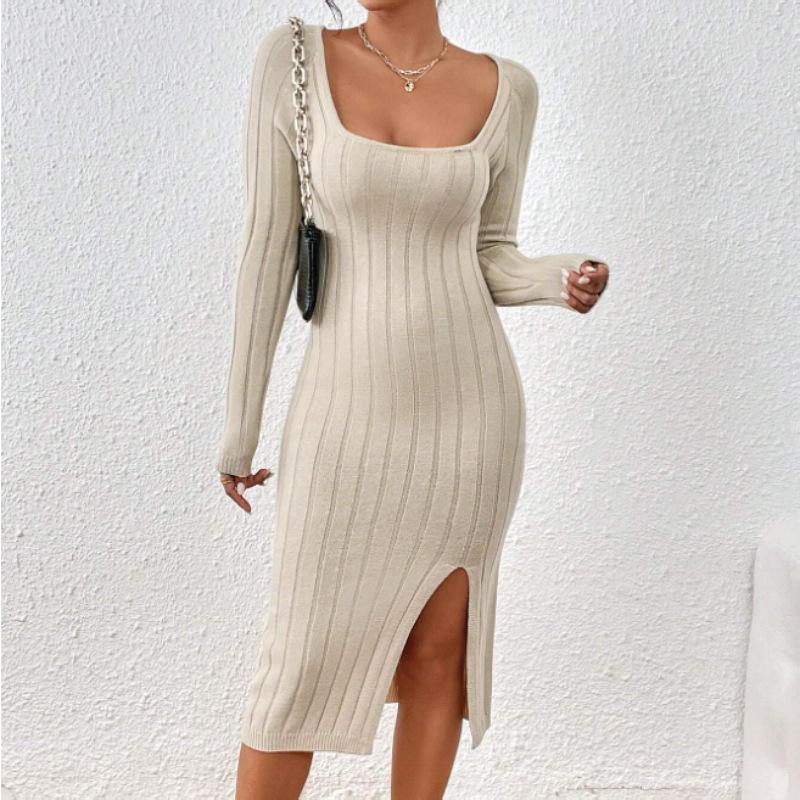Women's Spring Fall Long Sleeve Solid Color Sweater Dress Bodycon Square Neck Ribbed Knit Slit Midi Dresses for Women