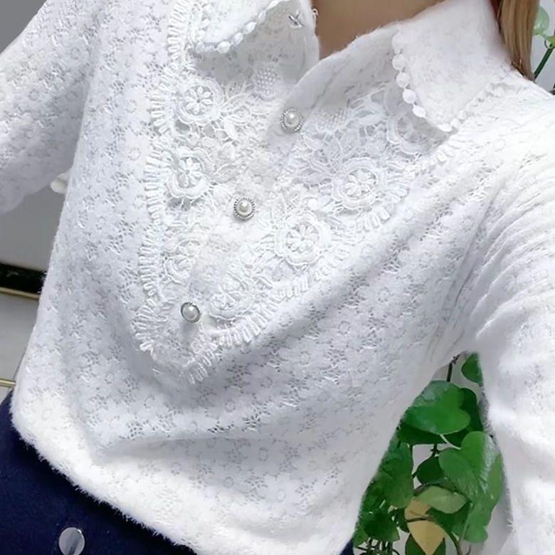 

White All-match Fashion Jacquard Open Stitch Shirt Long Sleeve Polo-Neck Office Lady Chic Sexy Spring Autumn Loose Casual Blouse 3XL