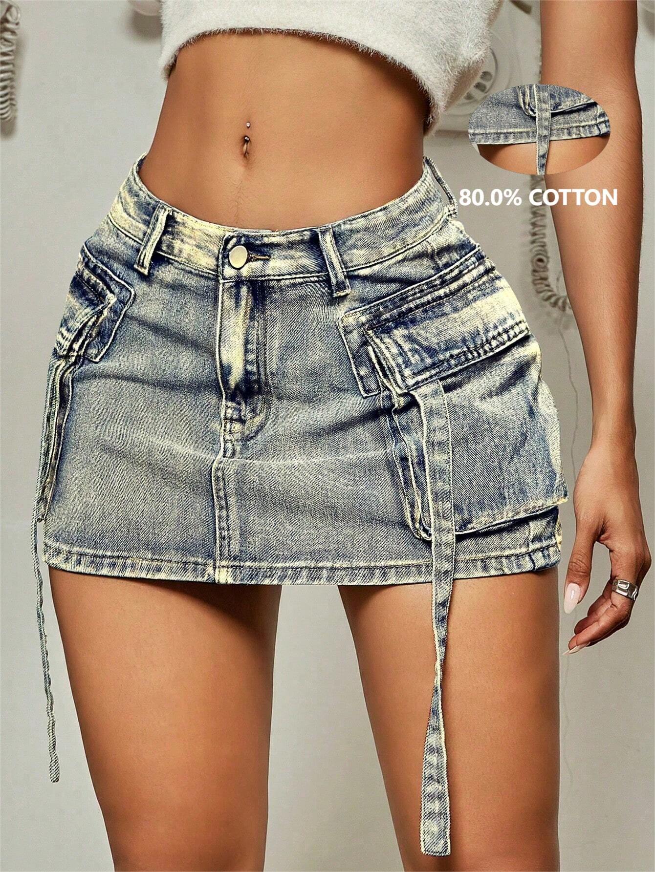 

Rose Beauty Новая женская уличная красотка 2000 года, однотонная джинсовая мини-юбка-карго с карманами-клапанами и отделкой из тесьмы XL синий