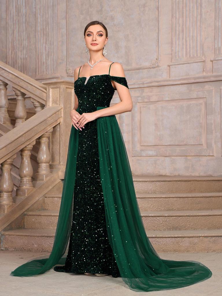 Elegantes Damen Pailletten Abendkleid mit langer Schleppe für Hochzeitsfeier & Abschlussball