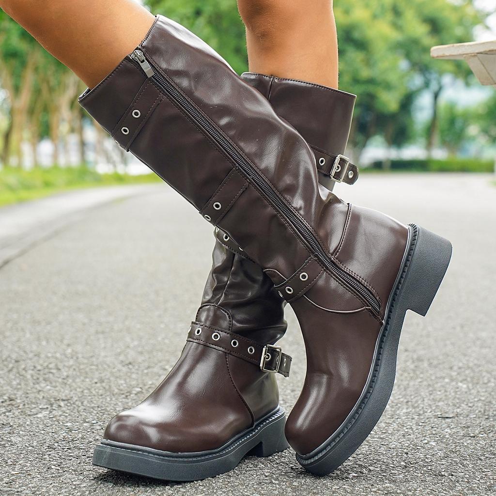 Damen kniehohe Chelsea Boots 2026 Herbstmode mittlere Absätze Plateau-Schuhe Damen hoher Schaft dicke Sohle Retro-Schnalle Botas Mujer