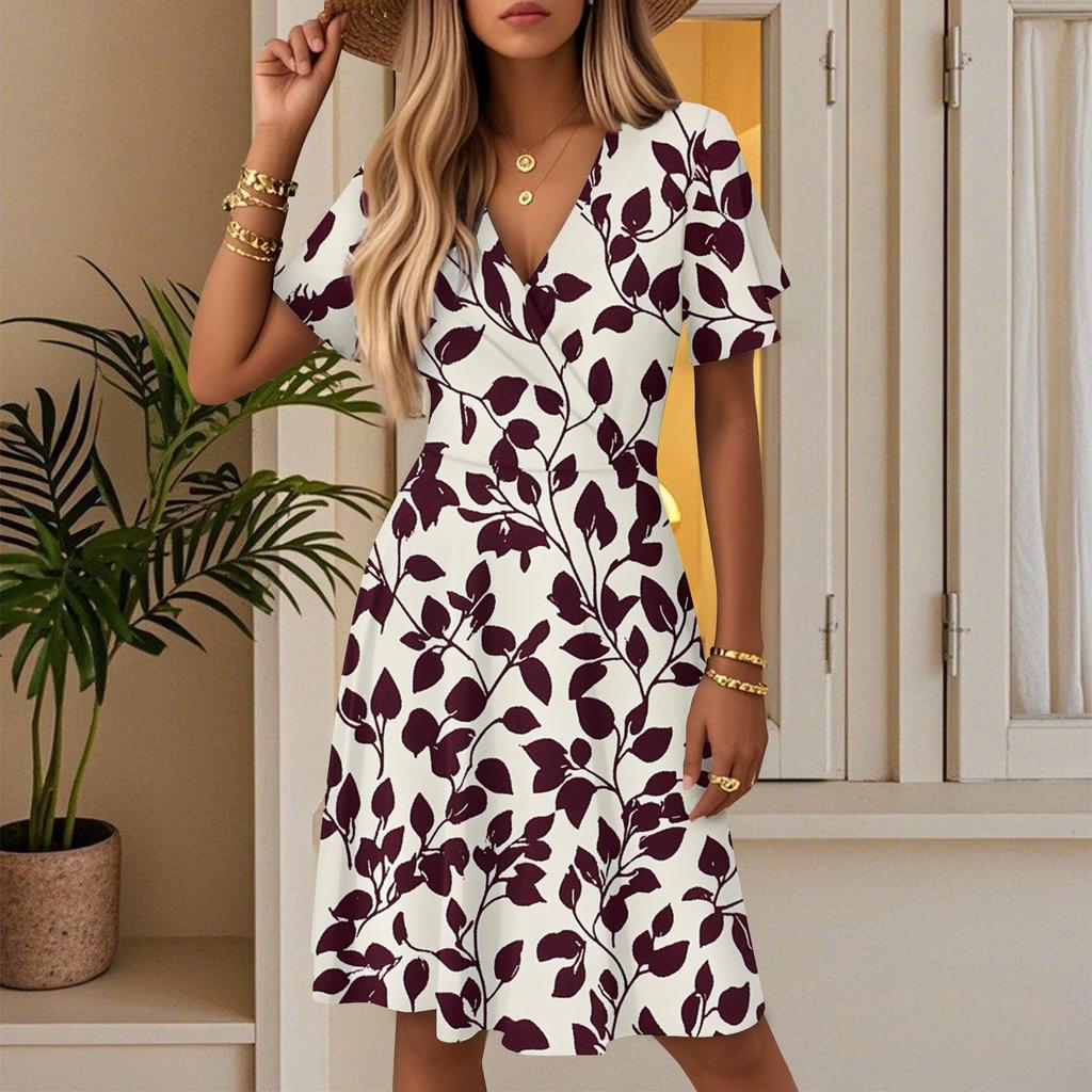 Women's Summer Fashion Leaf Print Dress Casual Beach A-line V-neck Loose Sundress