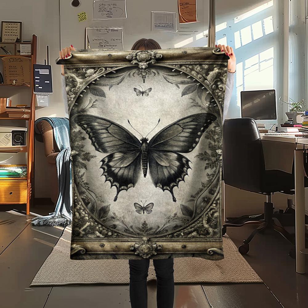 

1Pc Vintage Black Butterfly Print Flannel Blanket, High quality Comfortable for All Seasons, Home Decor, Warmth and Comfort, Perfect for Gifts 80cm x 120cm