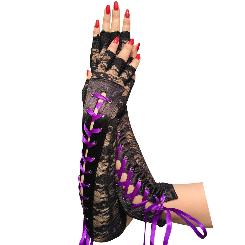 Black Lace-Up Fingerless Gloves - Retro Lolita Dark Punk Style Sleeves