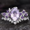 Gorgeous Women Rings Silver Color Round Flower Purple White Stone Rings Set Party Accessories Gift